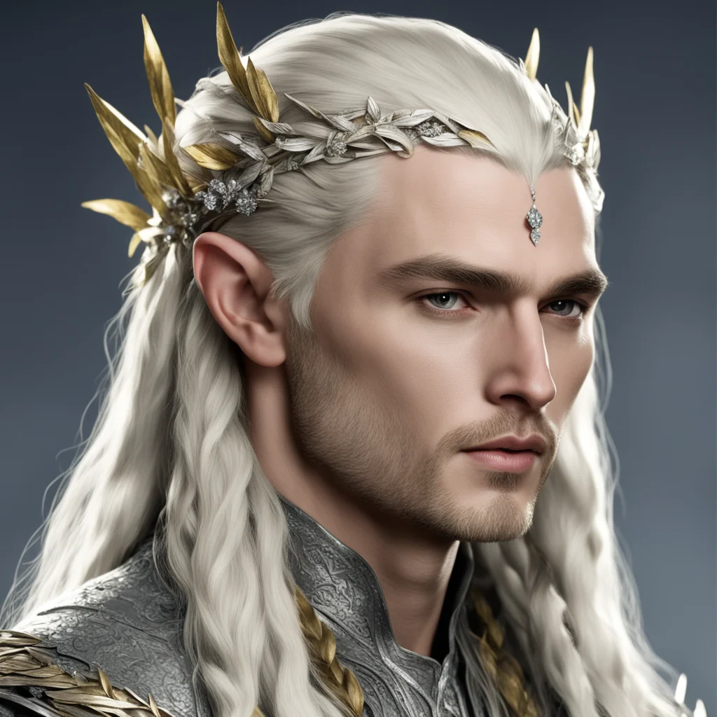 king thranduil with blond hair with braids wearing silver leaves with diamonds on the head good looking trending fantastic 1