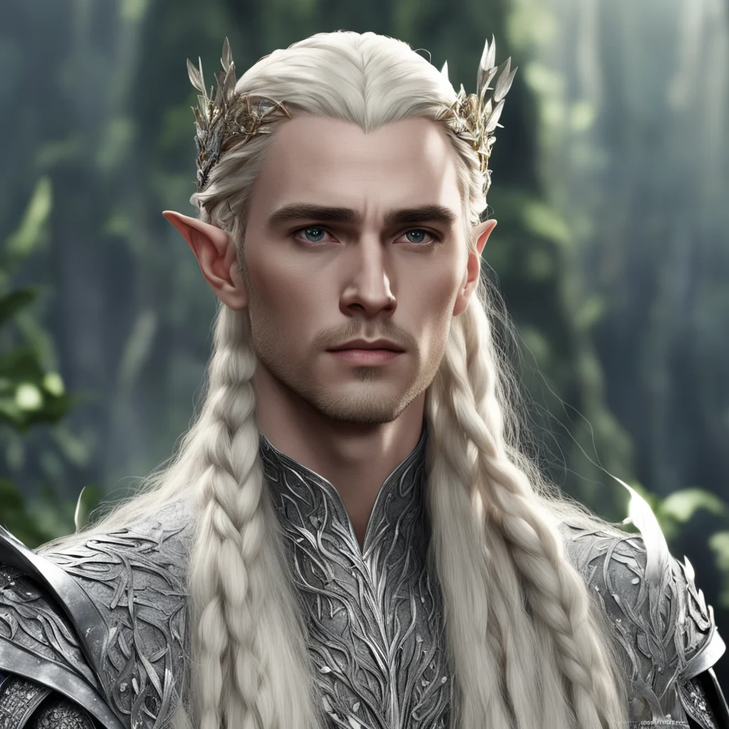 king thranduil with blond hair with braids wearing silver leaves with diamonds on the head