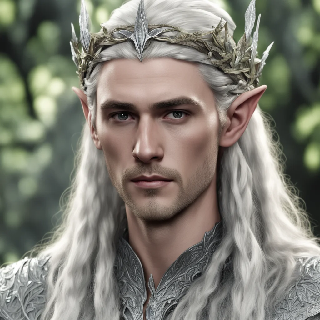 king thranduil with blond hair with braids wearing silver oak leaf elven circlet encrusted with diamonds