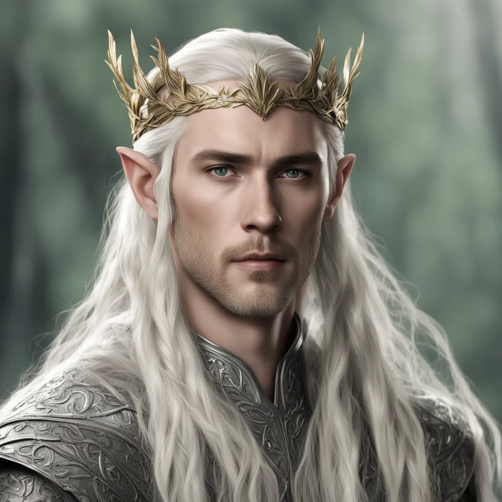aiking thranduil with blond hair with braids wearing silver oak leaf elvish circlet  confident engaging wow artstation art 3
