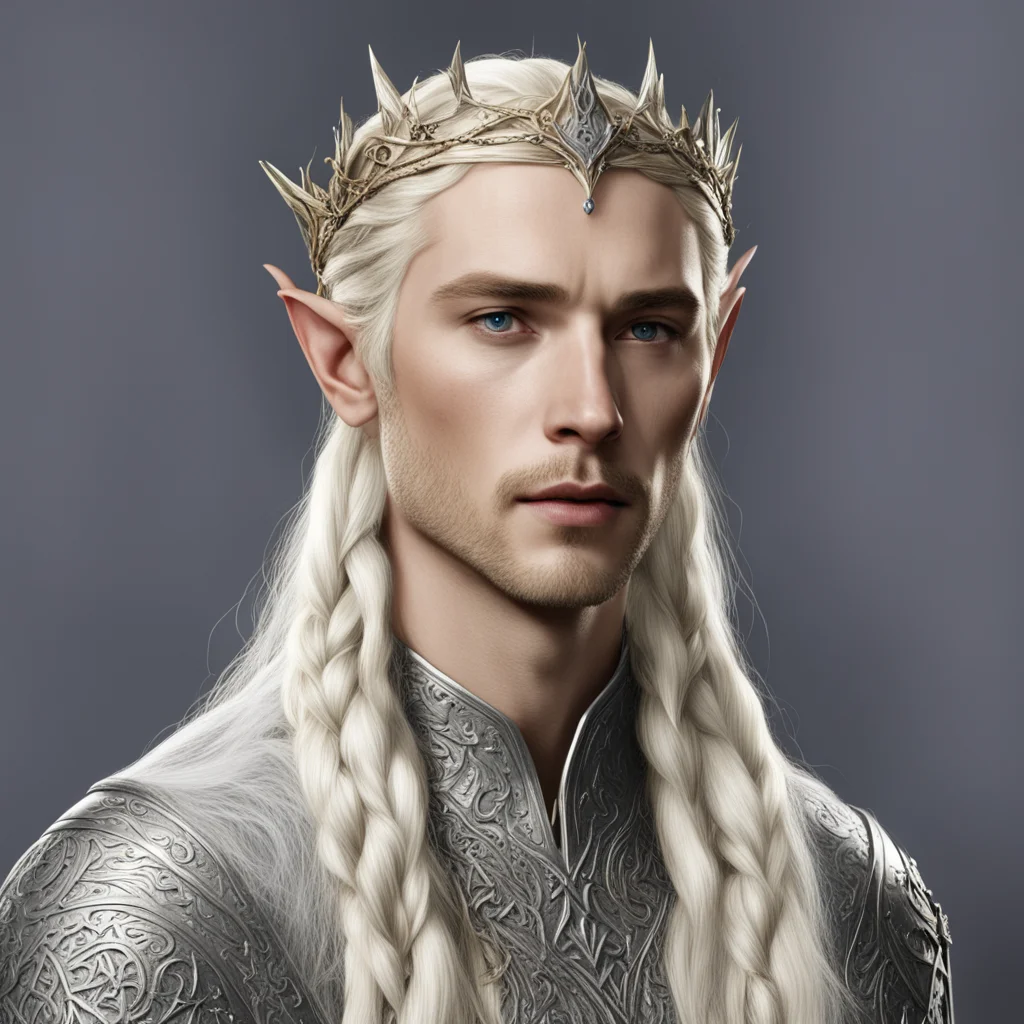 king thranduil with blond hair with braids wearing silver rose elvish circlet with diamonds amazing awesome portrait 2
