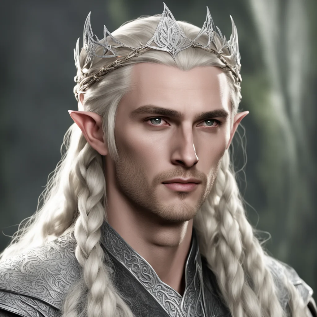 king thranduil with blond hair with braids wearing silver rose elvish circlet with diamonds confident engaging wow artstation art 3