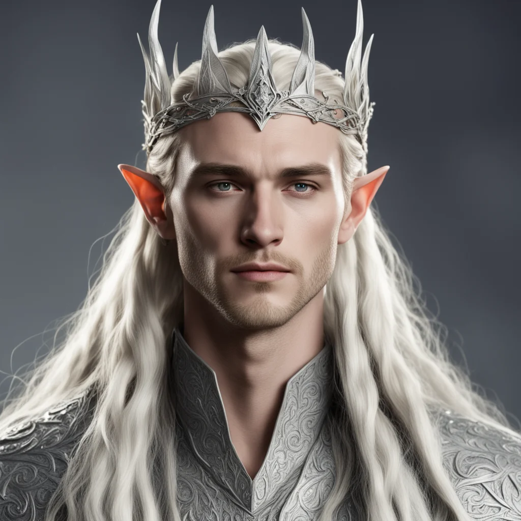 king thranduil with blond hair with braids wearing silver rose elvish circlet with diamonds