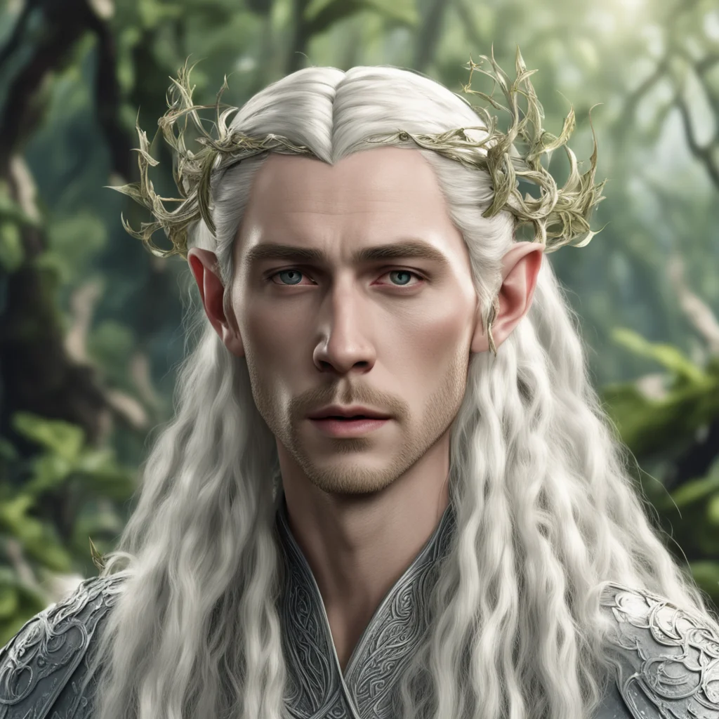 king thranduil with blond hair with braids wearing silver rose vines intertwined into elvish circlet with diamonds