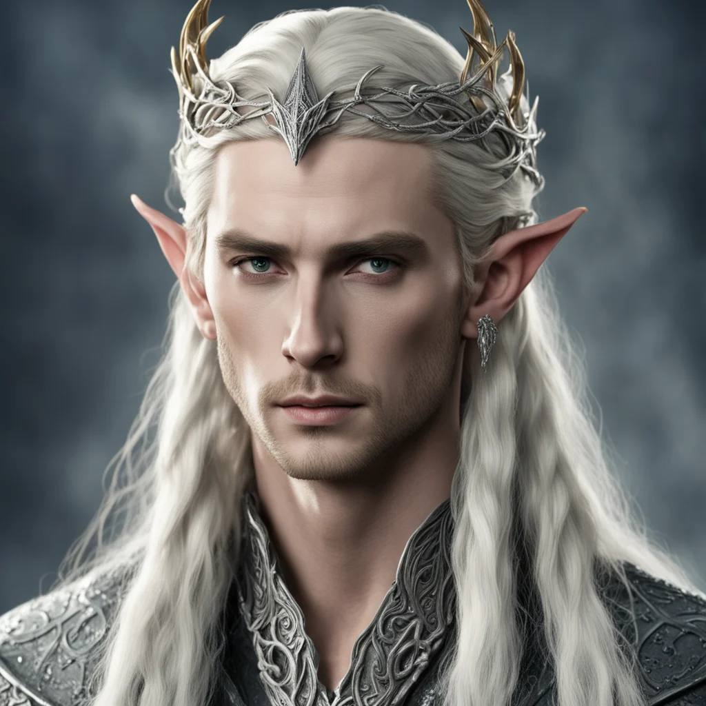 king thranduil with blond hair with braids wearing silver serpent elvish circlet with diamonds 