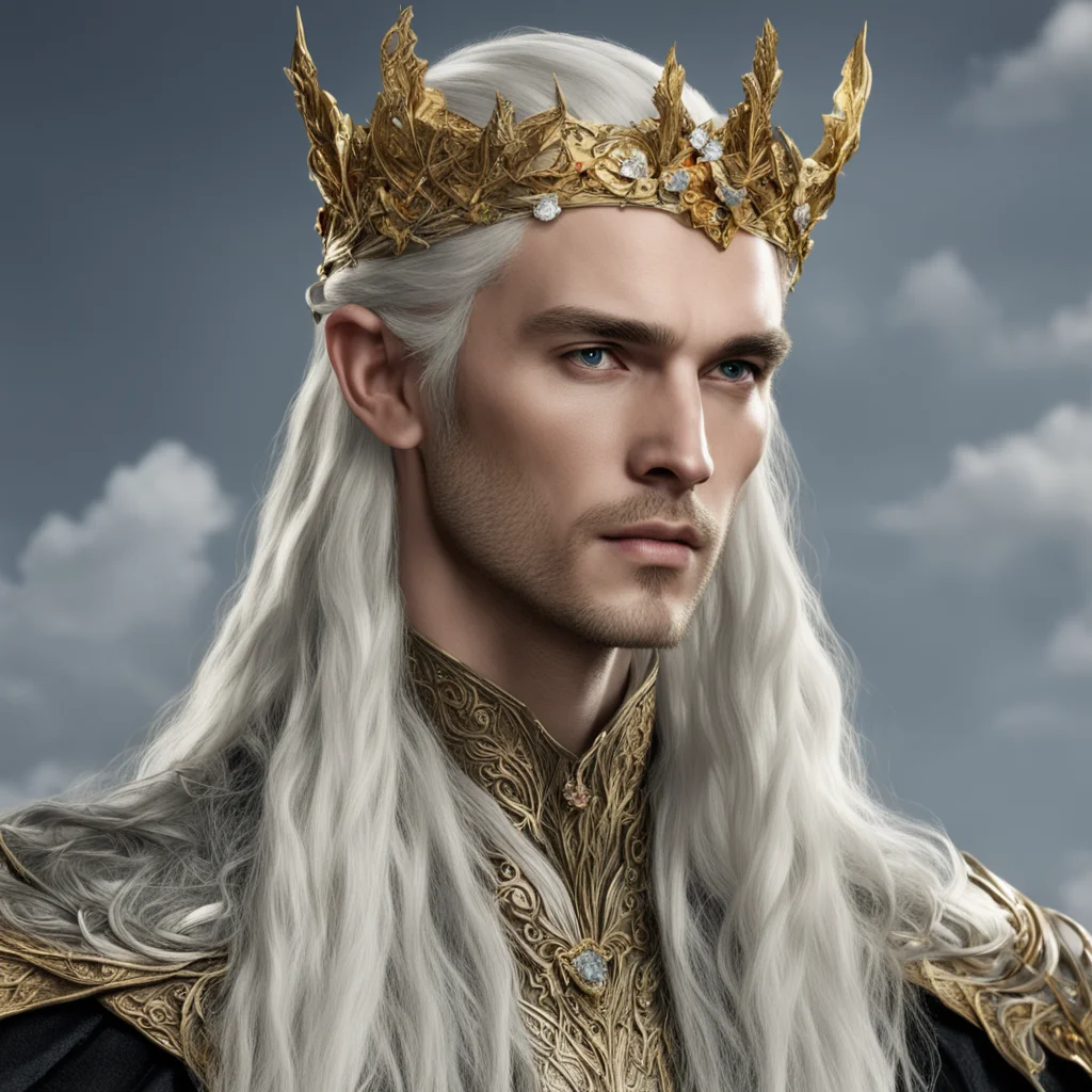 aiking thranduil with blond hair with braids wearing silver serpentine elvish circlet embellished with roses made of gold with diamonds  confident engaging wow artstation art 3