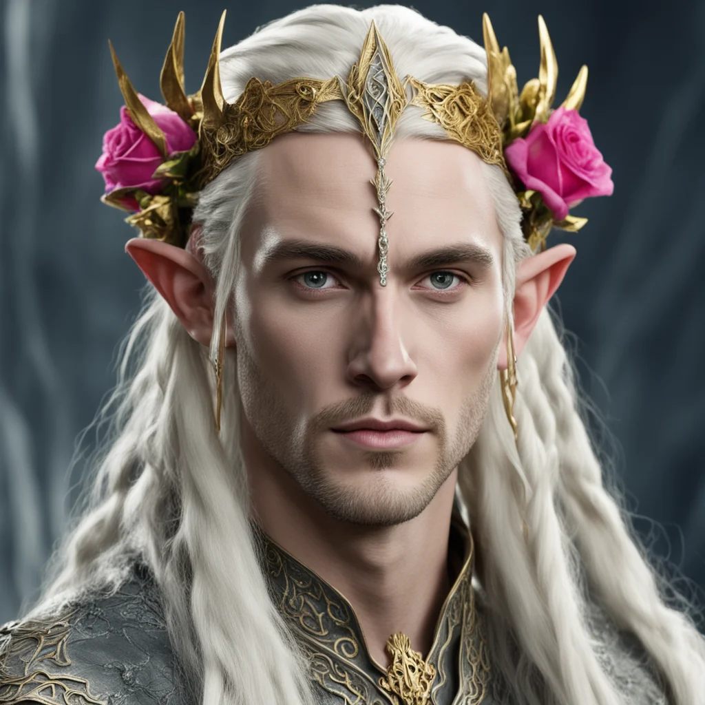 king thranduil with blond hair with braids wearing silver serpentine elvish circlet embellished with roses made of gold with diamonds confident engaging wow artstation art 3