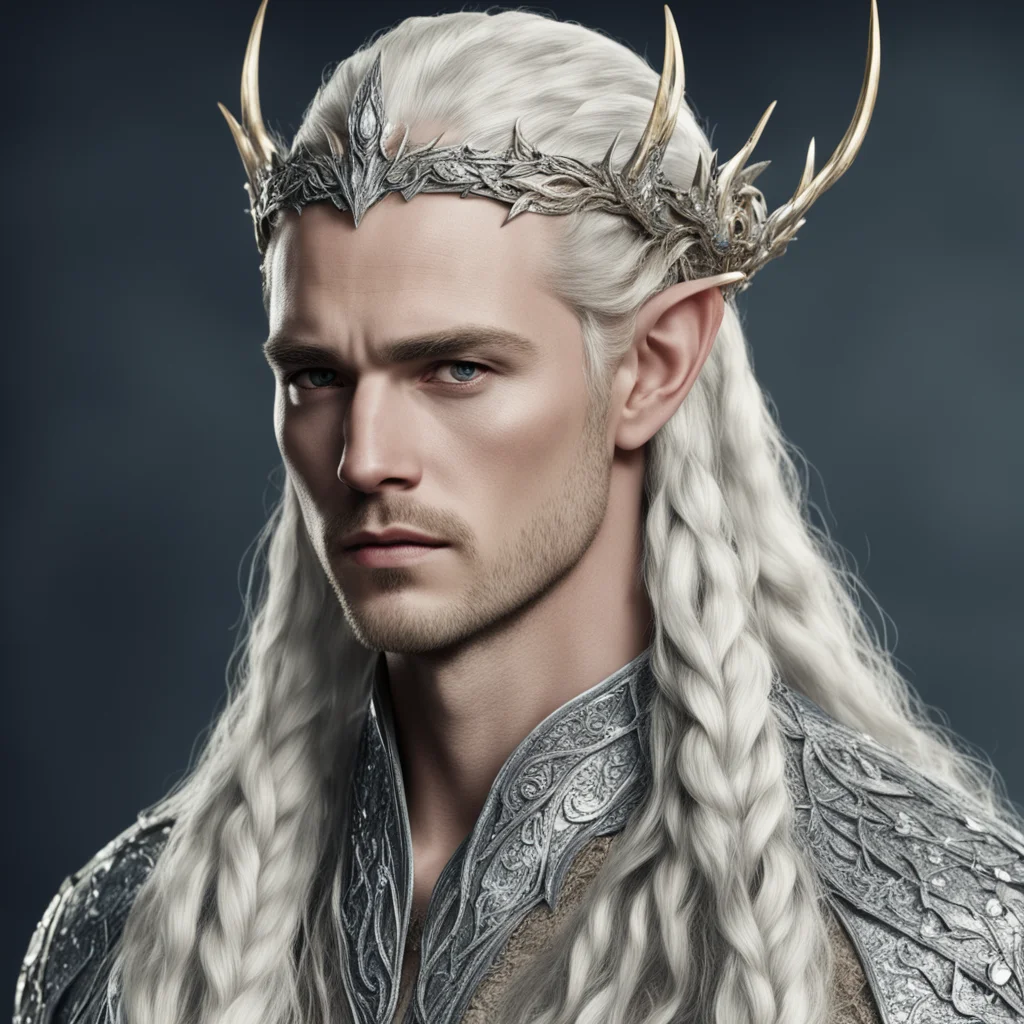 king thranduil with blond hair with braids wearing silver sindarin elvish circlet heavily encrusted with diamonds good looking trending fantastic 1
