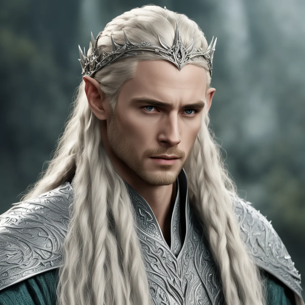 king thranduil with blond hair with braids wearing silver sindarin elvish circlet studded with diamonds confident engaging wow artstation art 3