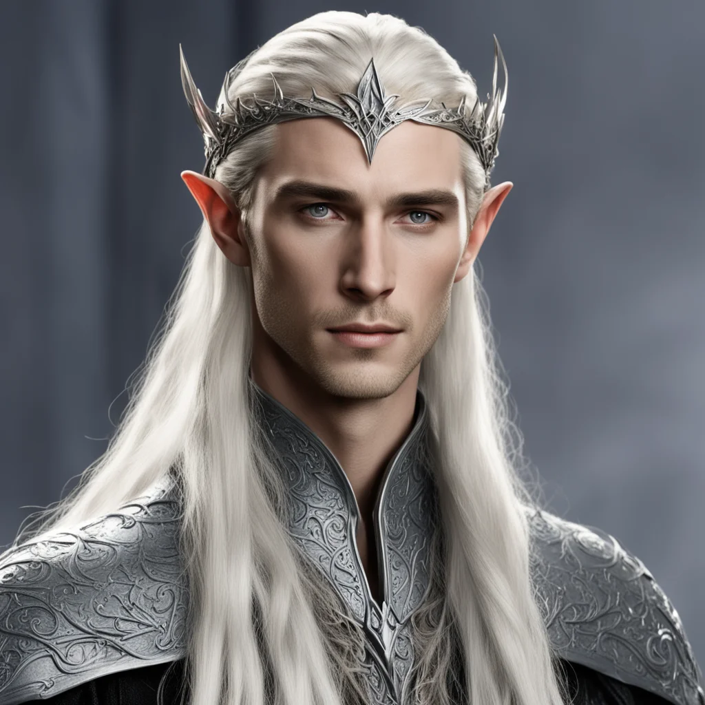 king thranduil with blond hair with braids wearing silver sindarin elvish circlet studded with diamonds