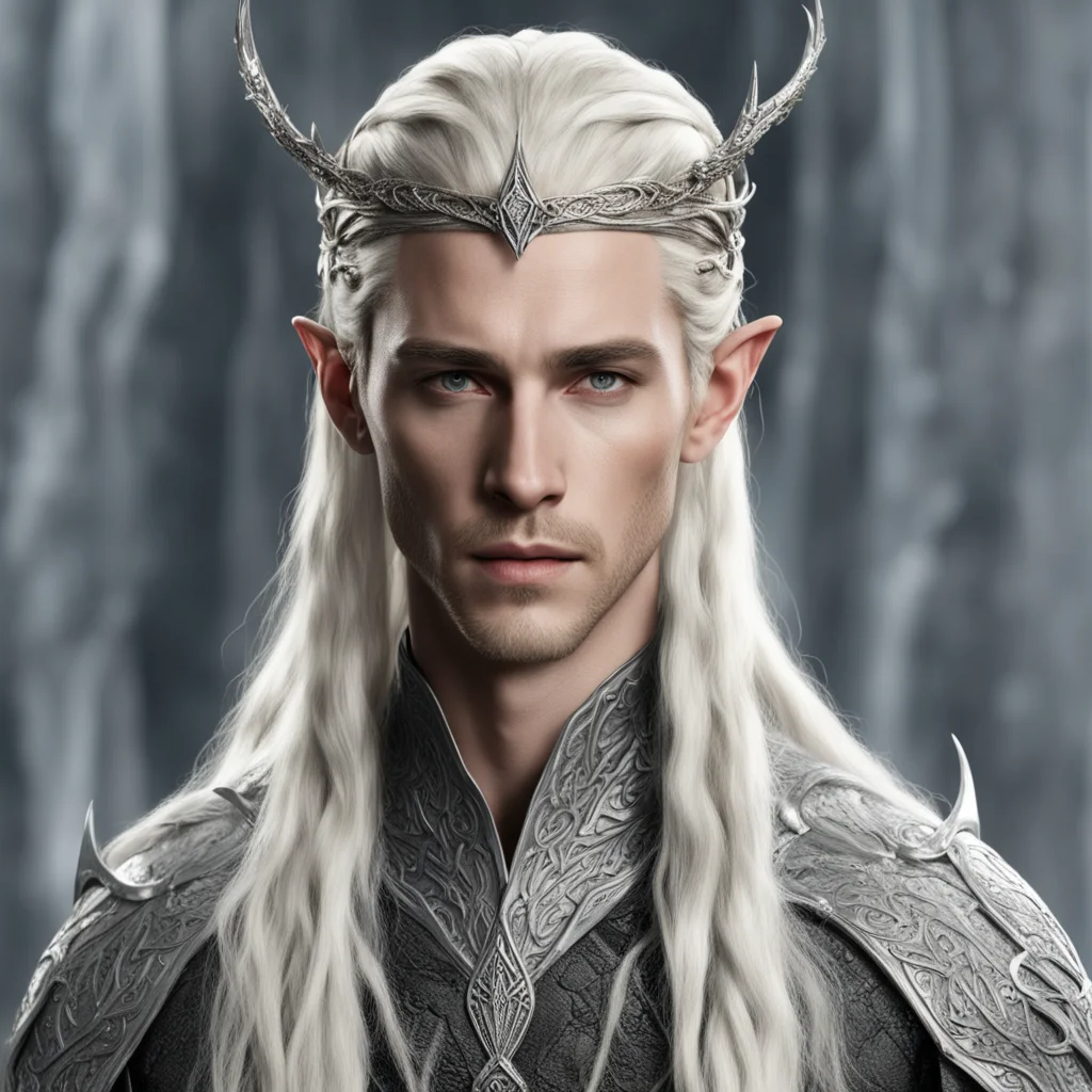 king thranduil with blond hair with braids wearing silver snake elvish circlet with diamonds