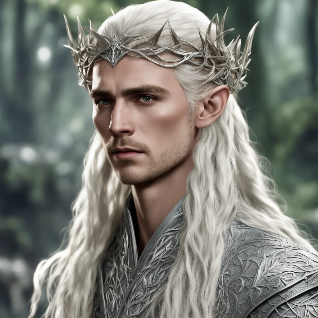 king thranduil with blond hair with braids wearing silver thorn vines intertwined elven circlet with diamonds amazing awesome portrait 2