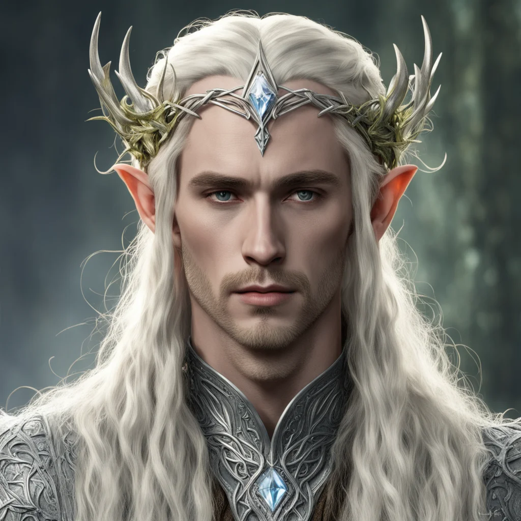 king thranduil with blond hair with braids wearing silver thorn vines intertwined elven circlet with diamonds with large center diamond
