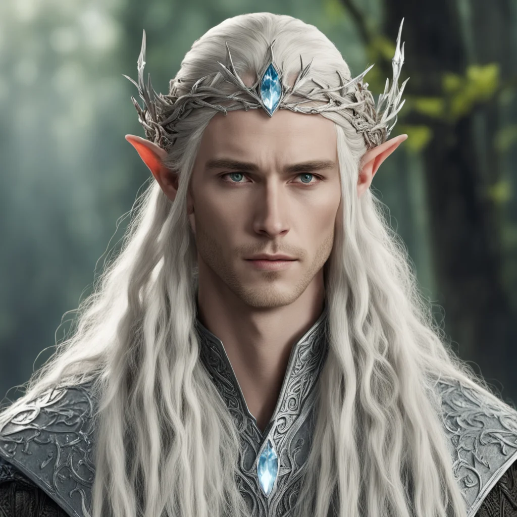 king thranduil with blond hair with braids wearing silver twig and diamond be berry elvish circlet with large center diamond confident engaging wow artstation art 3