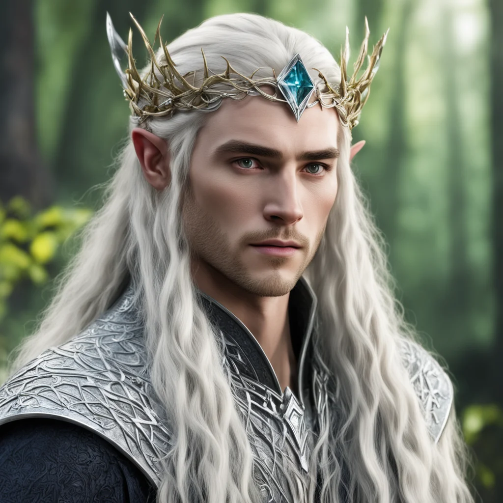 king thranduil with blond hair with braids wearing silver twig and diamond berry elvish circlet with large center diamond  confident engaging wow artstation art 3