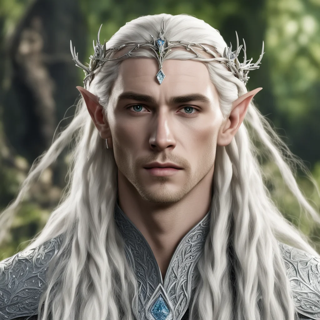 king thranduil with blond hair with braids wearing silver twig and diamond berry elvish circlet with large center diamond amazing awesome portrait 2