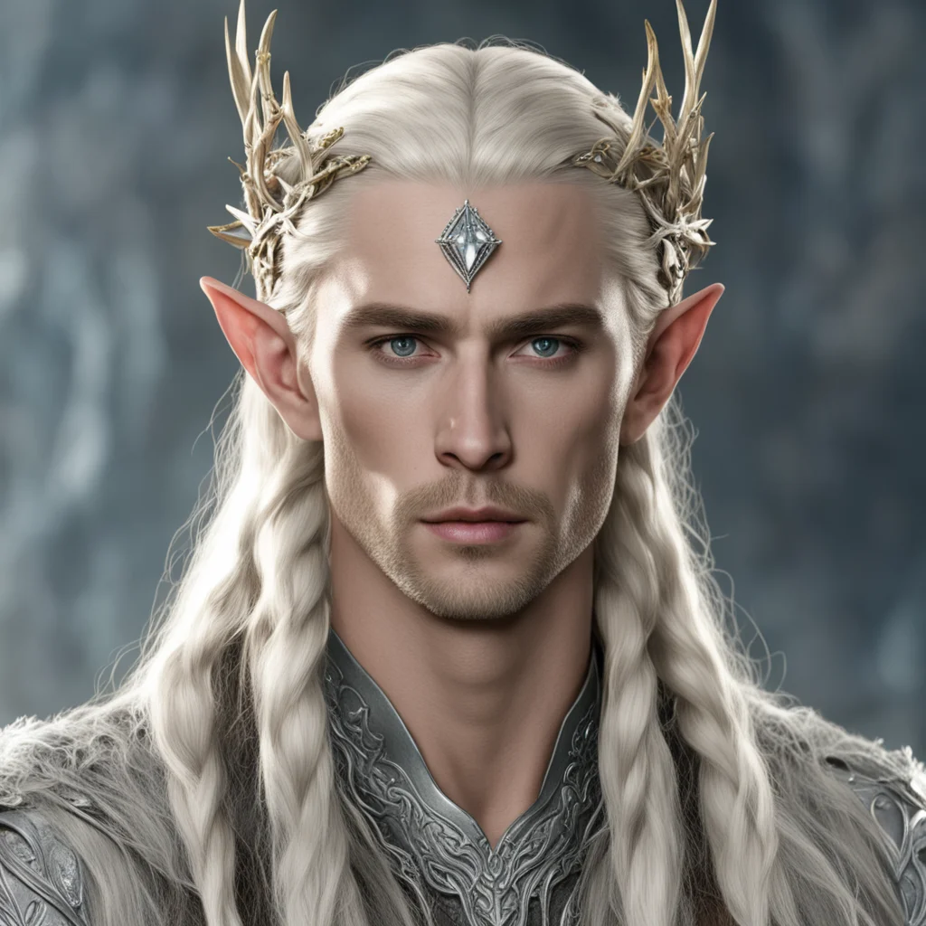 king thranduil with blond hair with braids wearing silver twig and diamond berry elvish circlet with large center diamond confident engaging wow artstation art 3