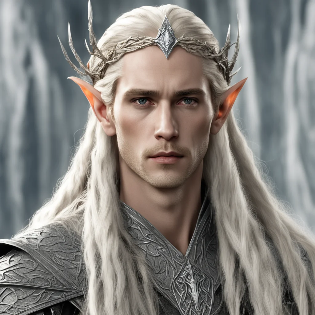 king thranduil with blond hair with braids wearing silver twig elvish circlet with large diamond at center confident engaging wow artstation art 3
