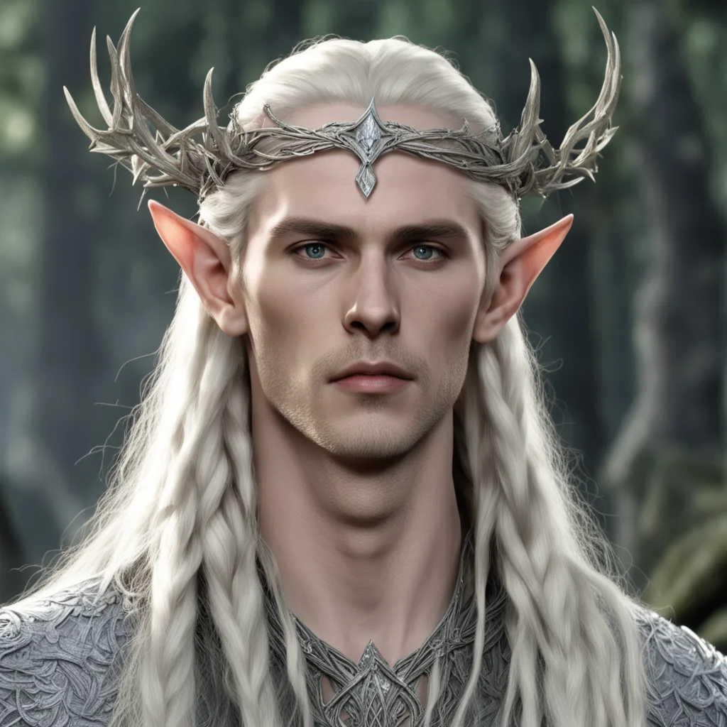 king thranduil with blond hair with braids wearing silver twig elvish circlet with large diamond at center good looking trending fantastic 1