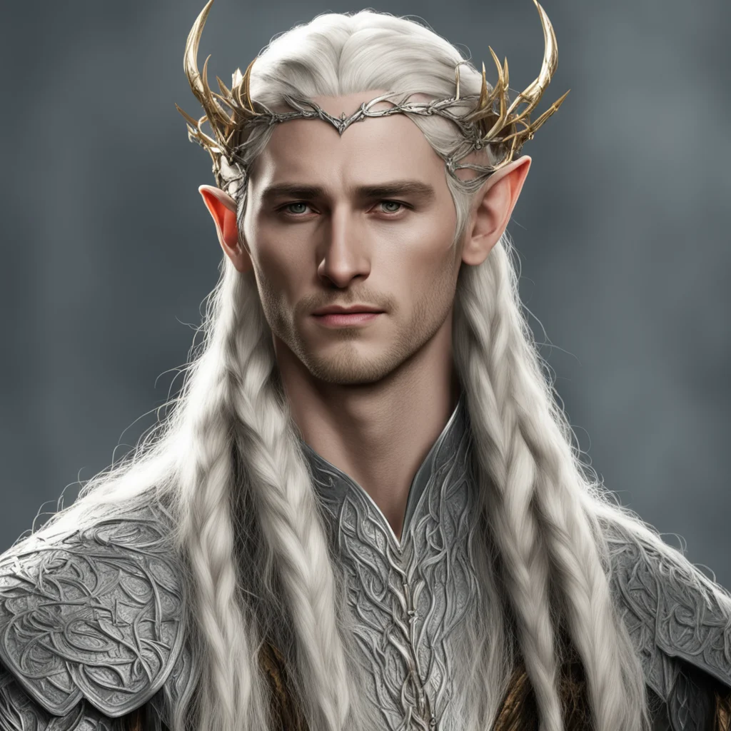 aiking thranduil with blond hair with braids wearing silver twig elvish circlet with large dianonds confident engaging wow artstation art 3