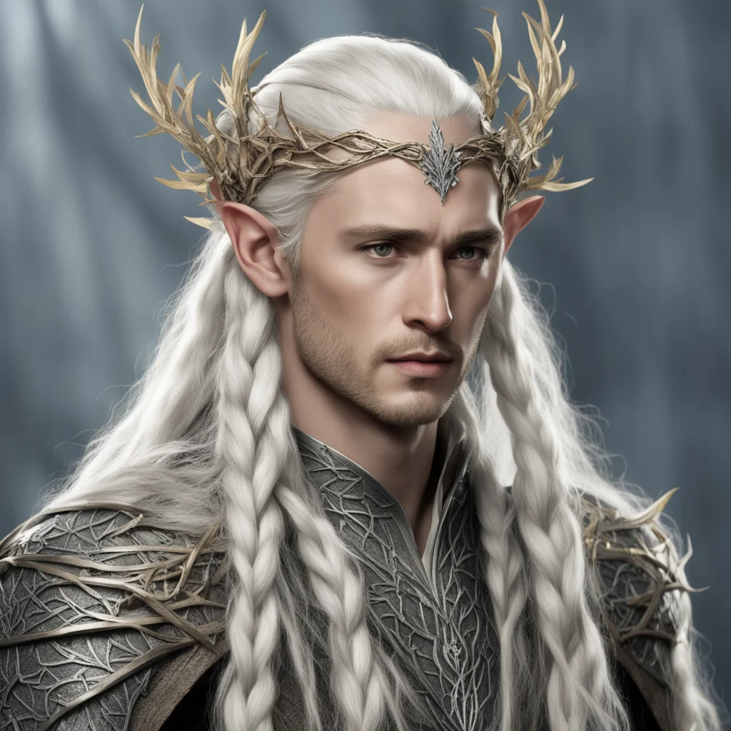 king thranduil with blond hair with braids wearing silver twigs and leaf wood elvish circlet with diamonds amazing awesome portrait 2