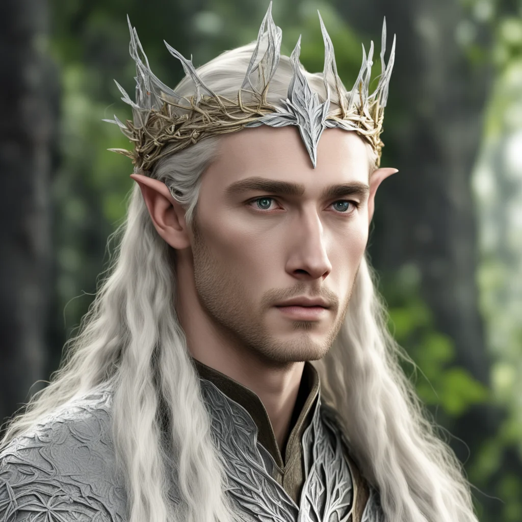 king thranduil with blond hair with braids wearing silver twigs and leaf wood elvish circlet with diamonds good looking trending fantastic 1
