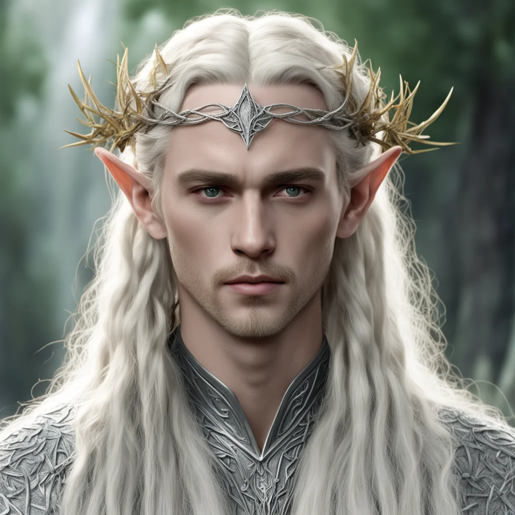king thranduil with blond hair with braids wearing silver twigs intertwined elvish circlet with diamonds confident engaging wow artstation art 3