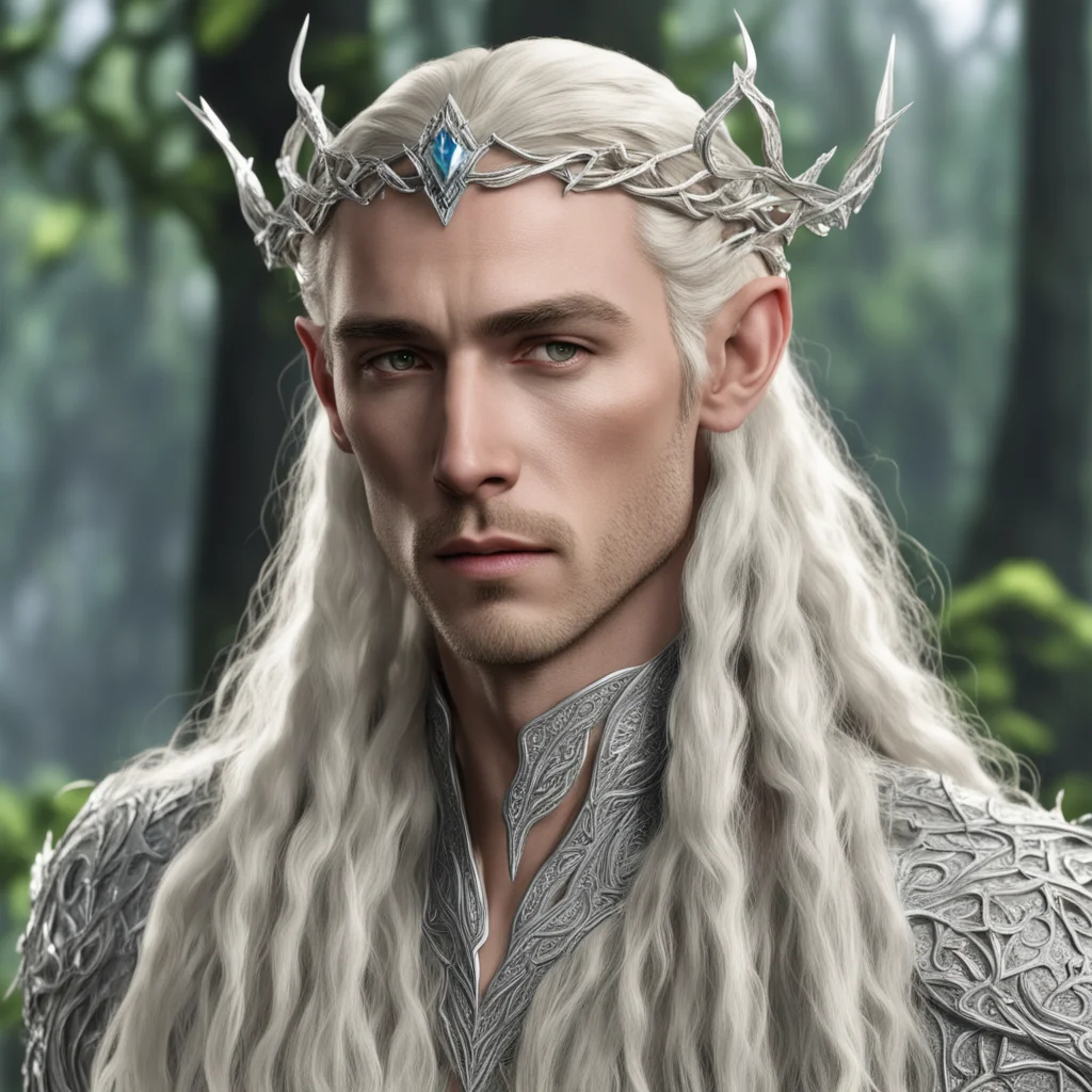 king thranduil with blond hair with braids wearing silver vines intertwined elven circlet with diamonds and large center diamond good looking trending fantastic 1