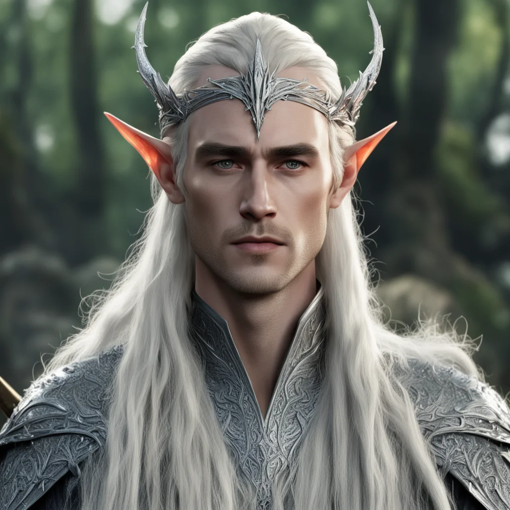 king thranduil with blond hair with braids wearing silver wood elf circlet encrusted with diamonds 
