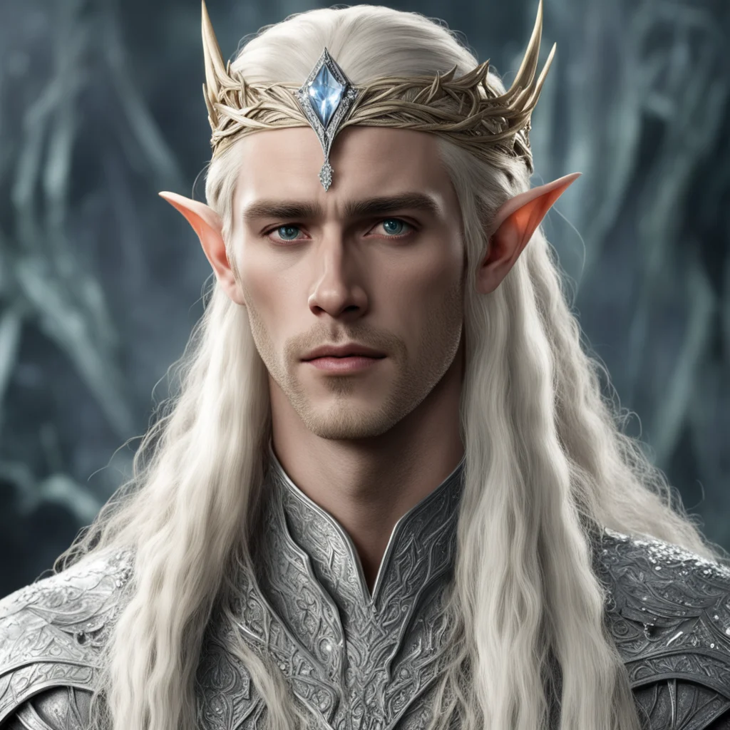 king thranduil with blond hair with braids wearing silver wood elf circlet encrusted with diamonds and large center diamond confident engaging wow artstation art 3