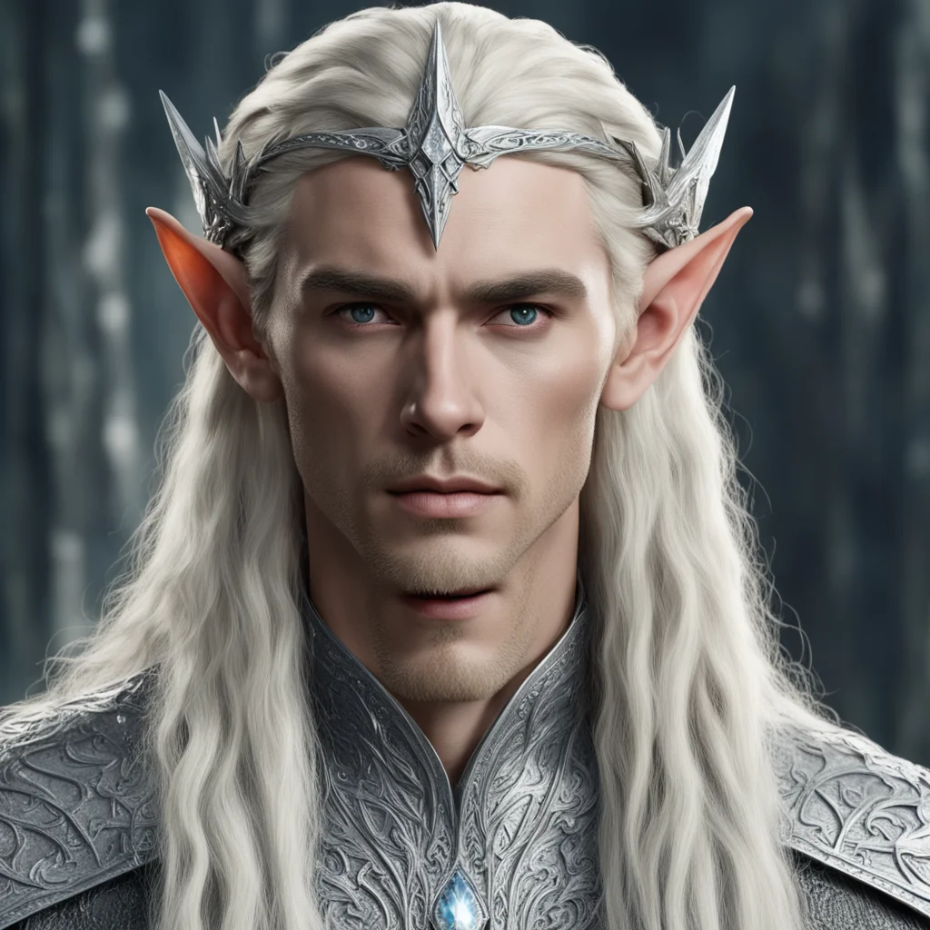 king thranduil with blond hair with braids wearing silver wood elf circlet encrusted with diamonds and large center diamond