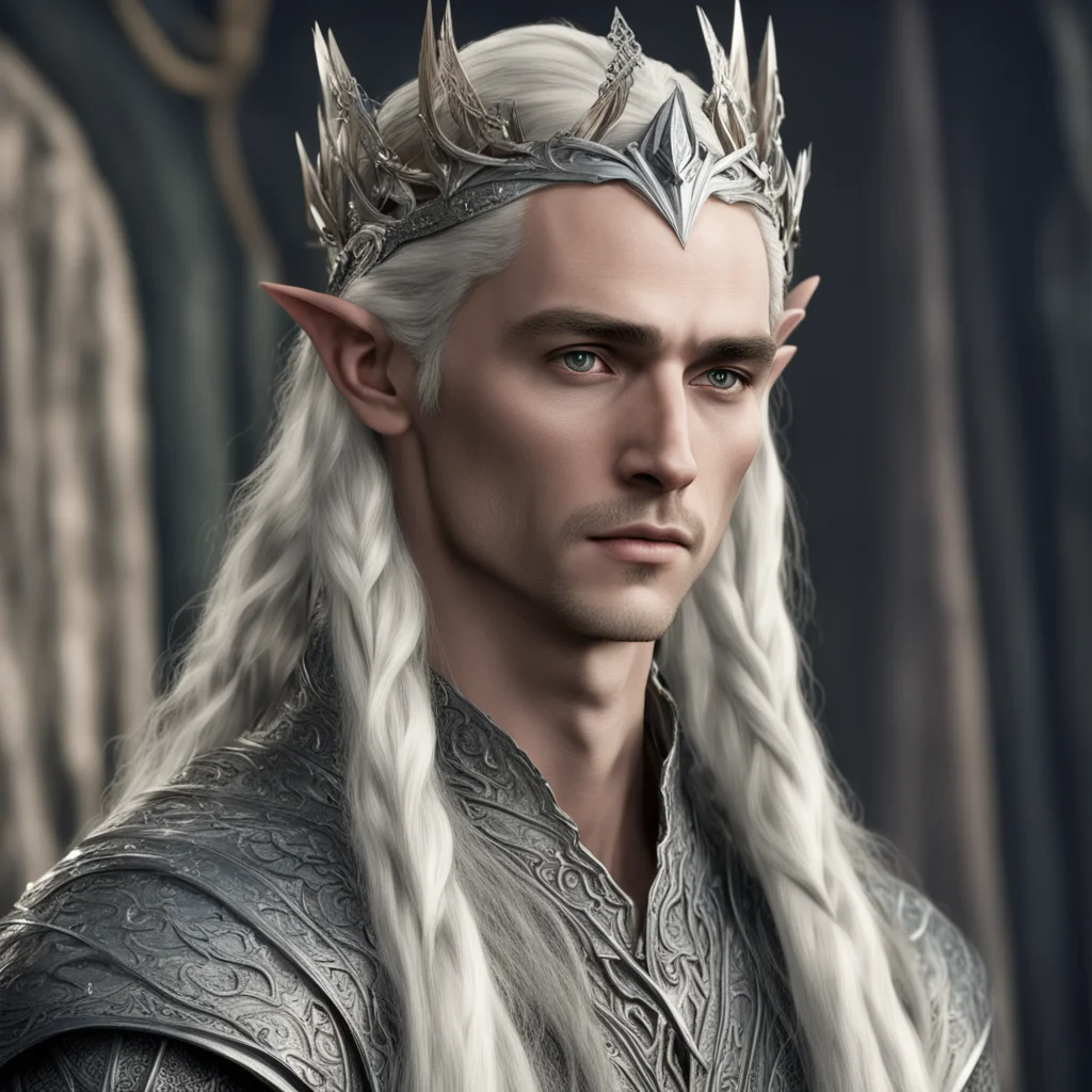king thranduil with blond hair with braids wearing silver wood elf coronet with large diamonds amazing awesome portrait 2