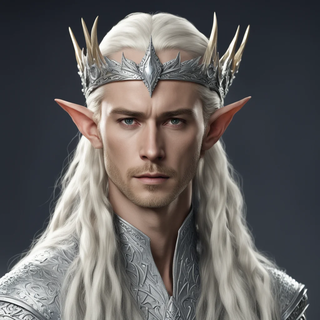 king thranduil with blond hair with braids wearing silver wood elf coronet with large diamonds confident engaging wow artstation art 3