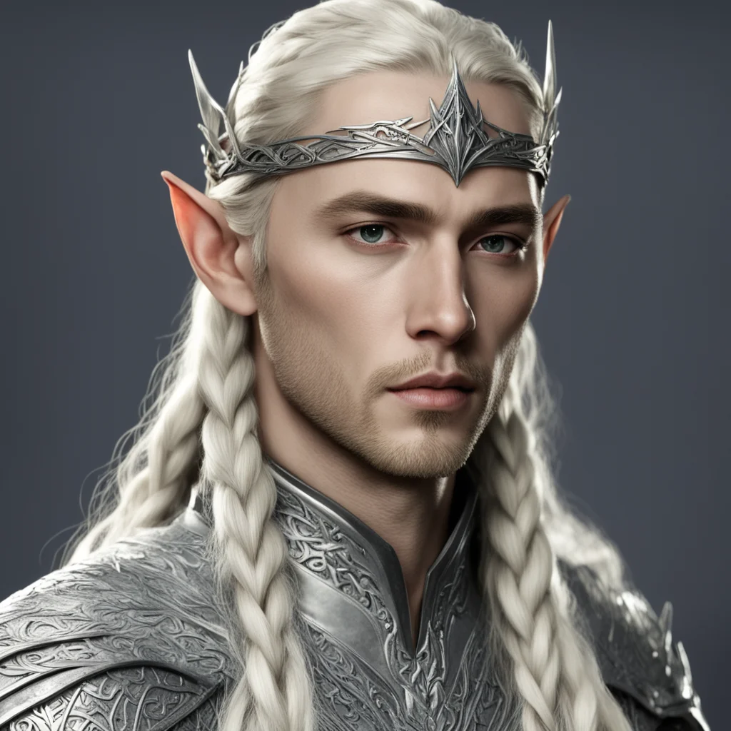 king thranduil with blond hair with braids wearing silver wood elvish circlet with diamonds wearing silver elvish armor  amazing awesome portrait 2