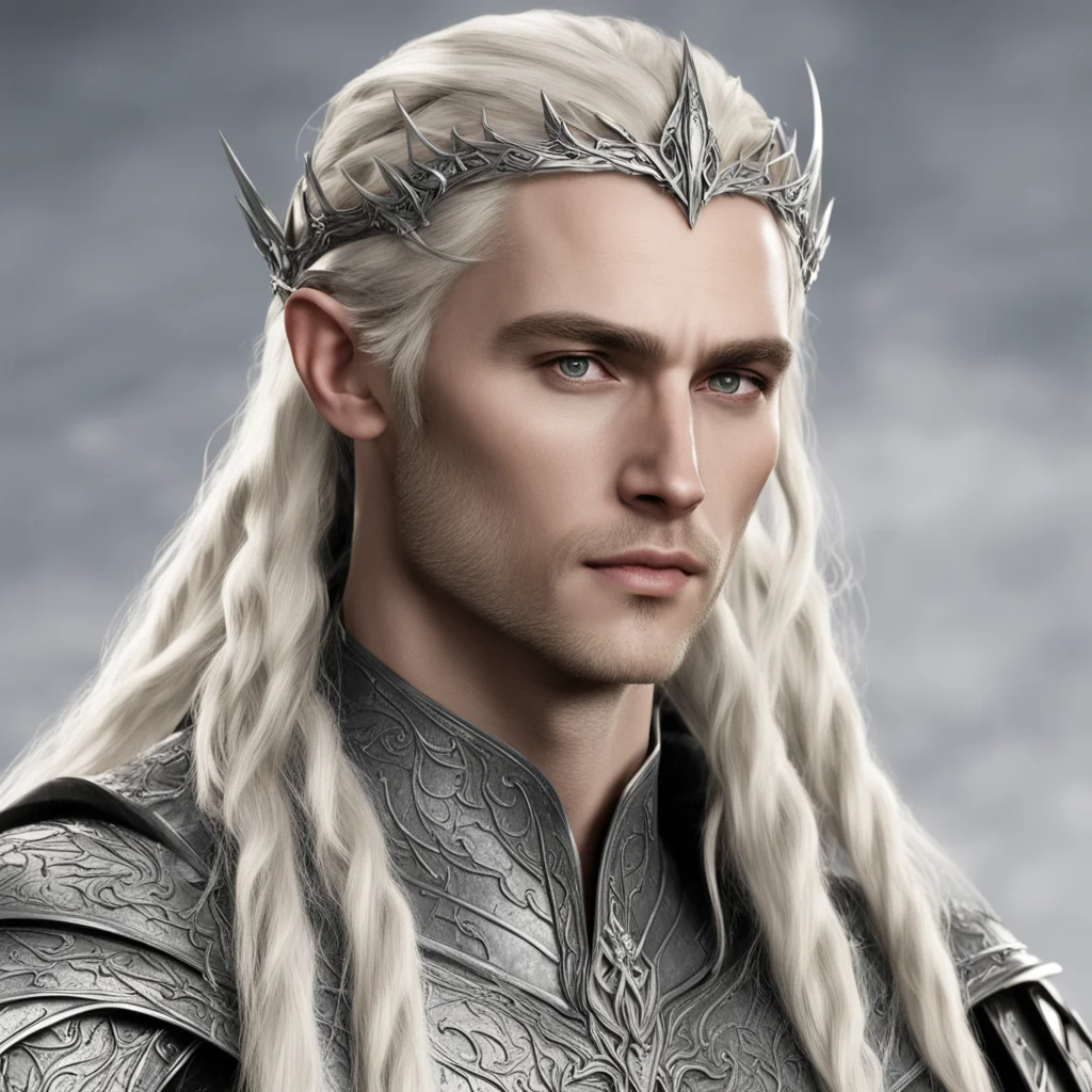 king thranduil with blond hair with braids wearing silver wood elvish circlet with diamonds wearing silver elvish armor  confident engaging wow artstation art 3