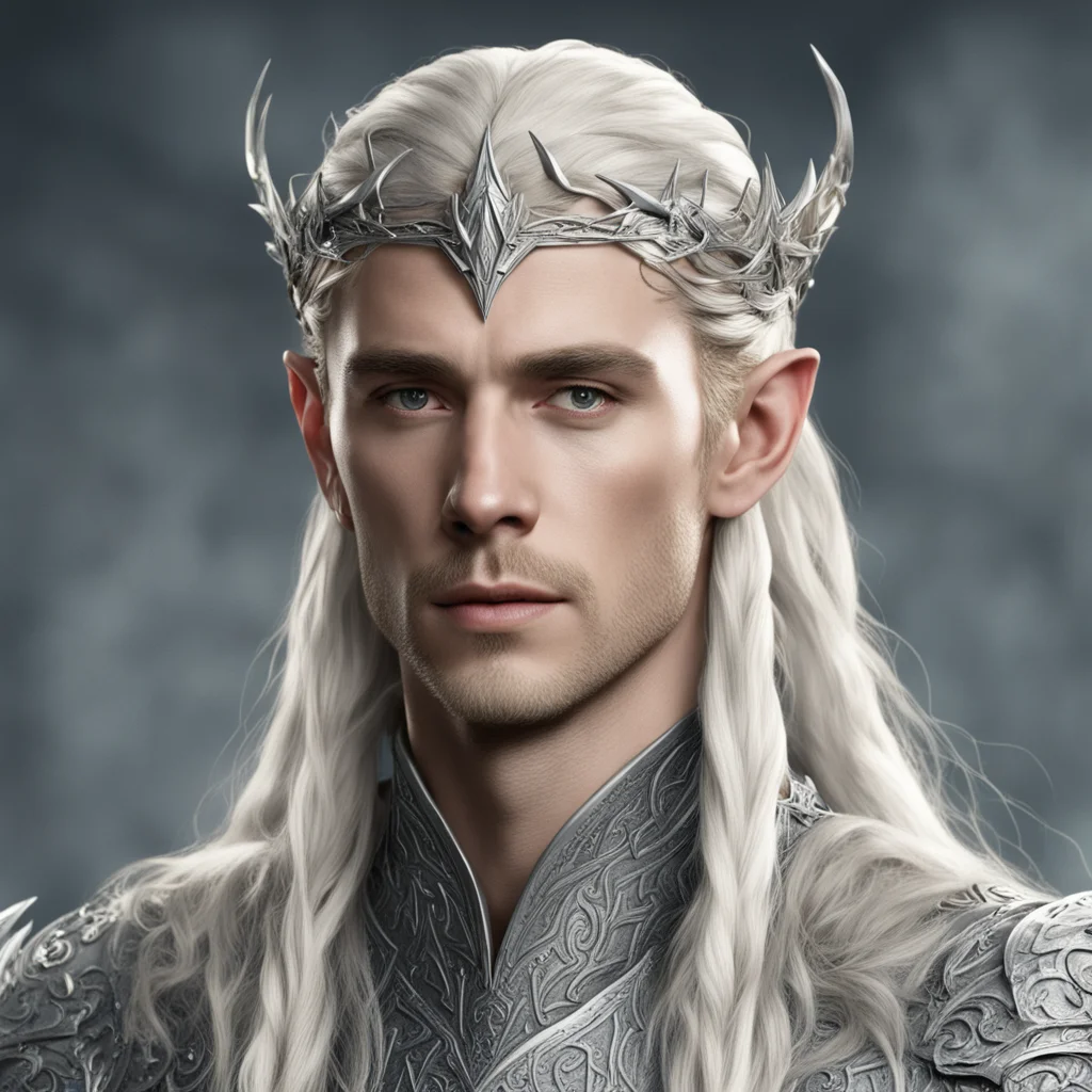 king thranduil with blond hair with braids wearing silver wood elvish circlet with diamonds wearing silver elvish armor 