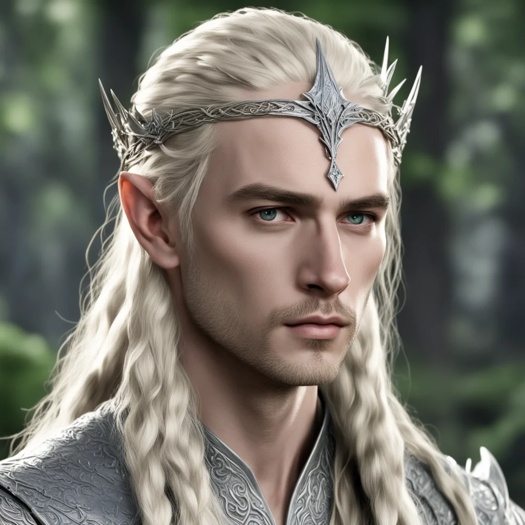 king thranduil with blond hair with braids wearing silver woodland elvish circlet with diamonds