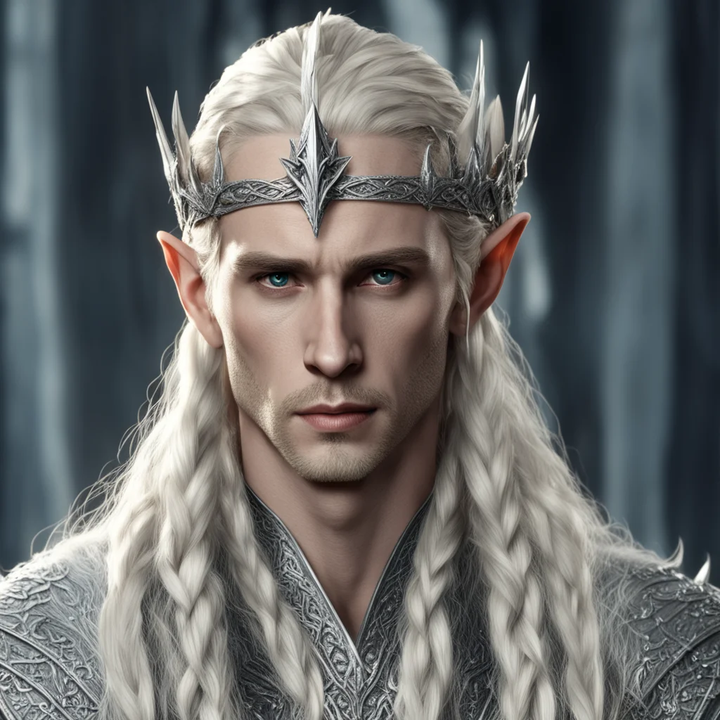 king thranduil with blond hair with braids wearing small silver elvish circlet heavily encrusted with large dimonds confident engaging wow artstation art 3