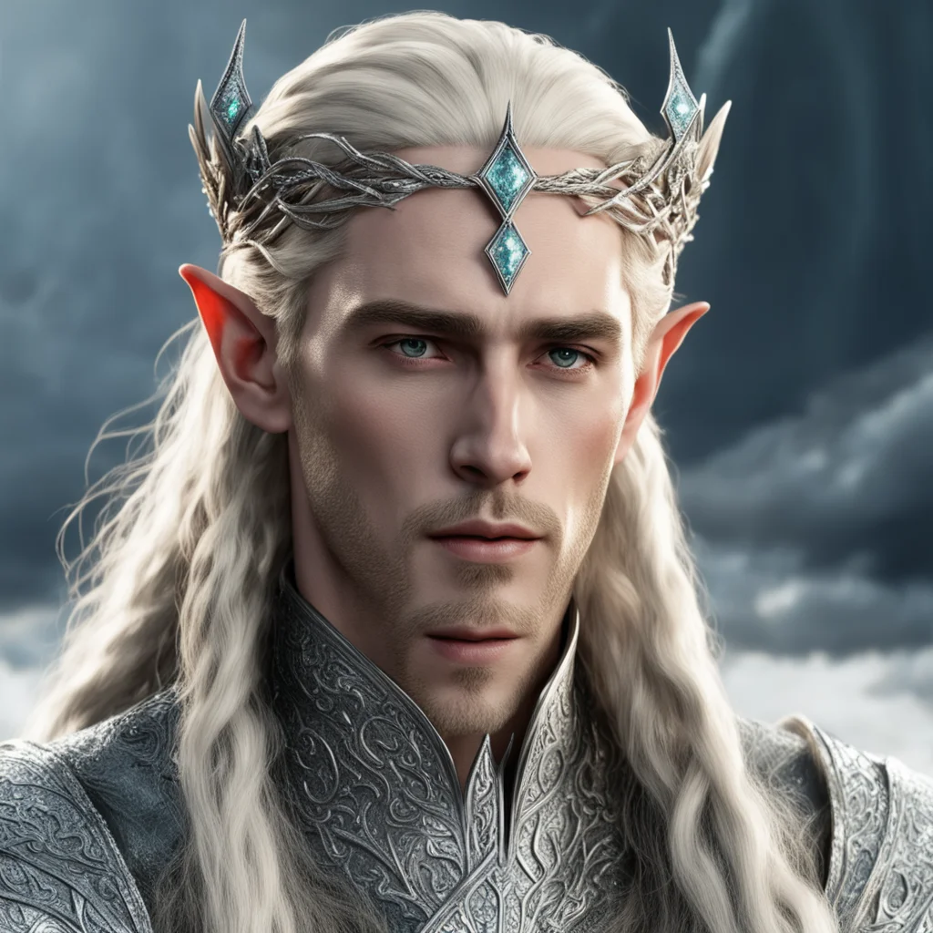 king thranduil with blond hair with braids wearing small silver elvish circlet heavily encrusted with large dimonds good looking trending fantastic 1