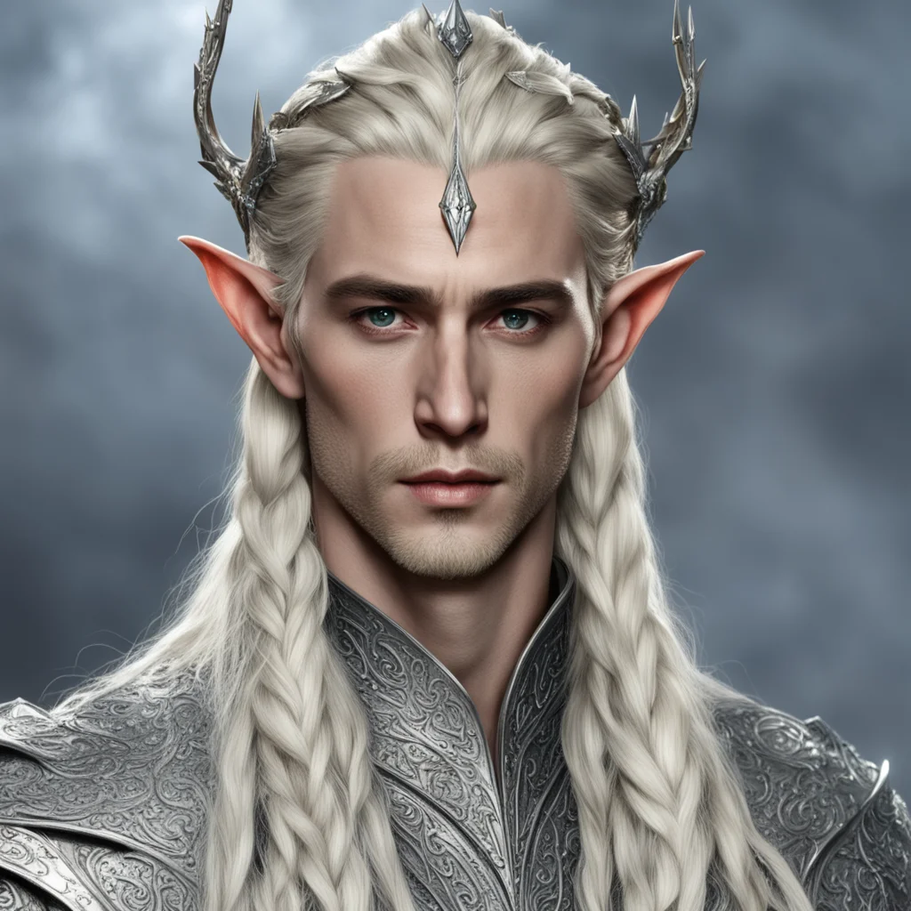 king thranduil with blond hair with braids wearing small silver elvish circlet heavily encrusted with large dimonds