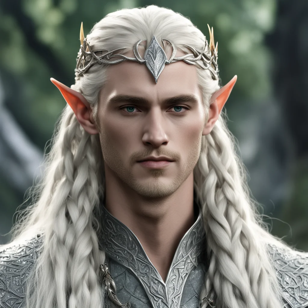 king thranduil with blond hair with braids wearing small silver snake intertwined elven circlet studded with diamonds