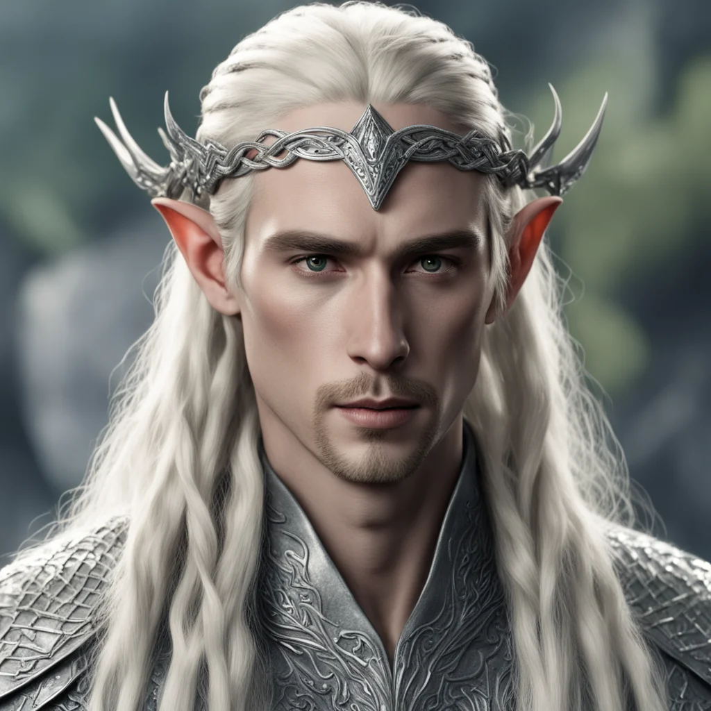 king thranduil with blond hair with braids wearing small silver snake intertwined elven circlet together with diamonds  confident engaging wow artstation art 3