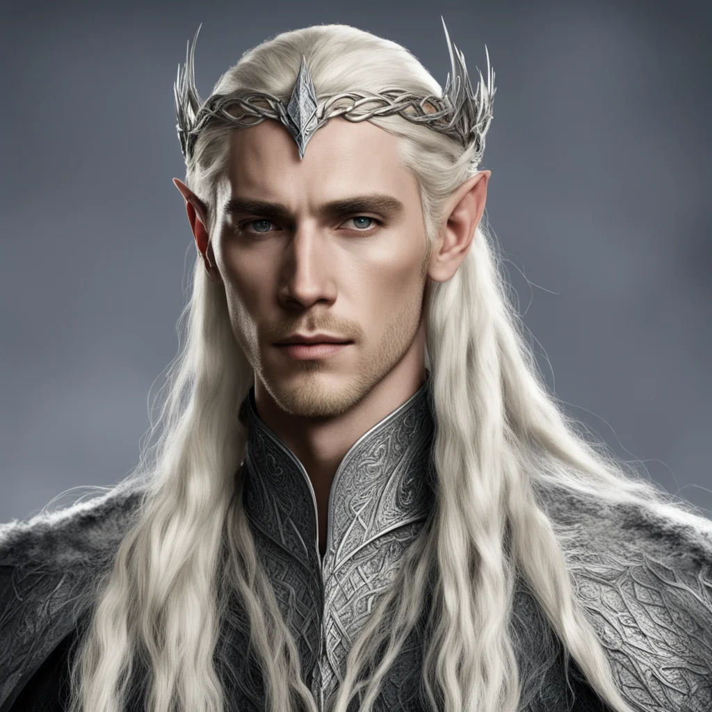 king thranduil with blond hair with braids wearing small silver snake intertwined elven circlet together with diamonds 