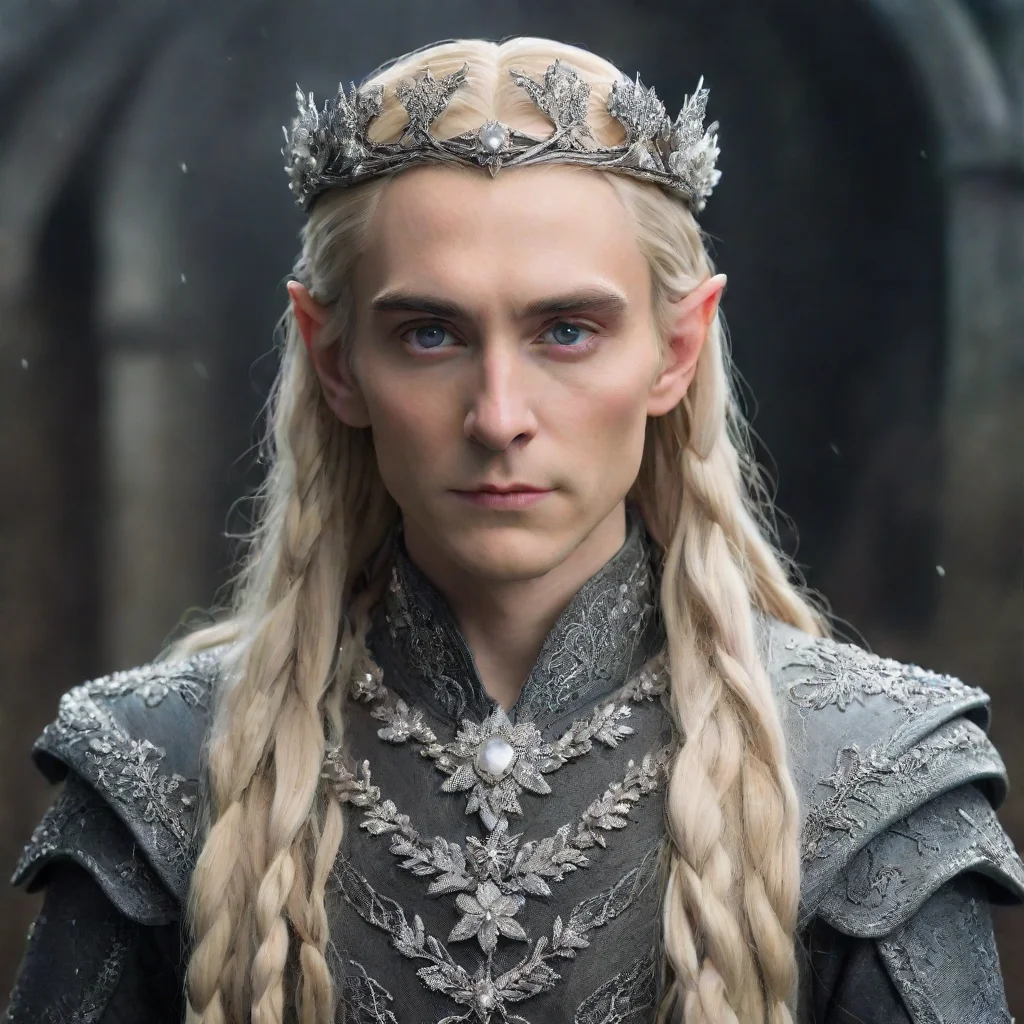 aiking thranduil with blonde hair and braids wearing silver flower elvish circlet encrusted with diamonds and pearls with large center diamond