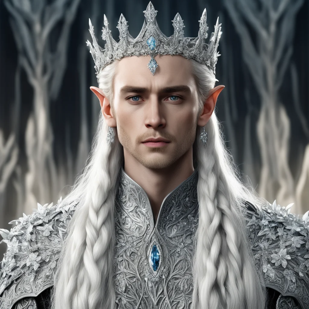 king thranduil with blonde hair and braids wearing silver flowers encrusted with diamonds forming a silver elvish crown with large center diamond  amazing awesome portrait 2