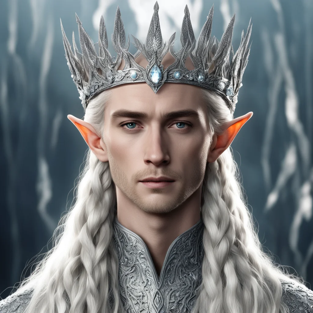 king thranduil with blonde hair and braids wearing silver flowers encrusted with diamonds forming a silver elvish crown with large center diamond  confident engaging wow artstation art 3