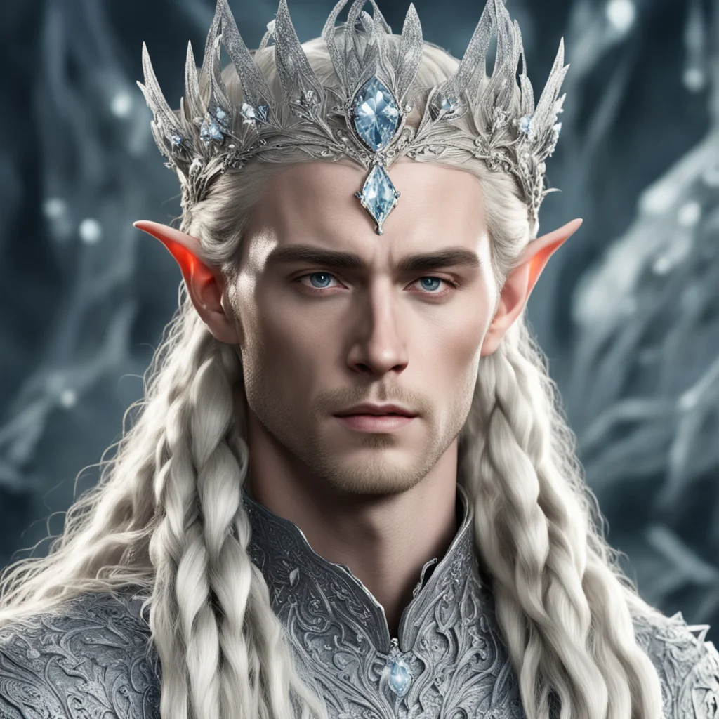 king thranduil with blonde hair and braids wearing silver flowers encrusted with diamonds forming a silver elvish crown with large center diamond  good looking trending fantastic 1