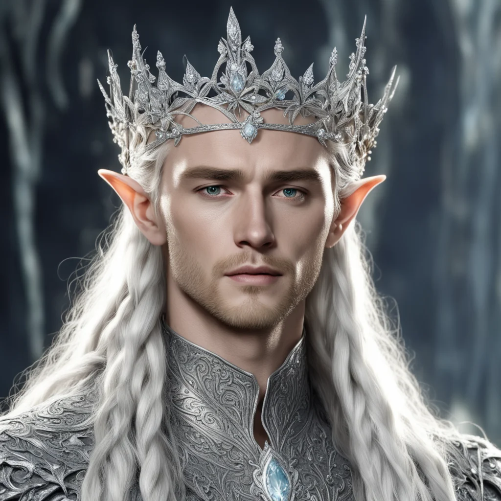 king thranduil with blonde hair and braids wearing silver flowers encrusted with diamonds forming a silver elvish crown with large center diamond 
