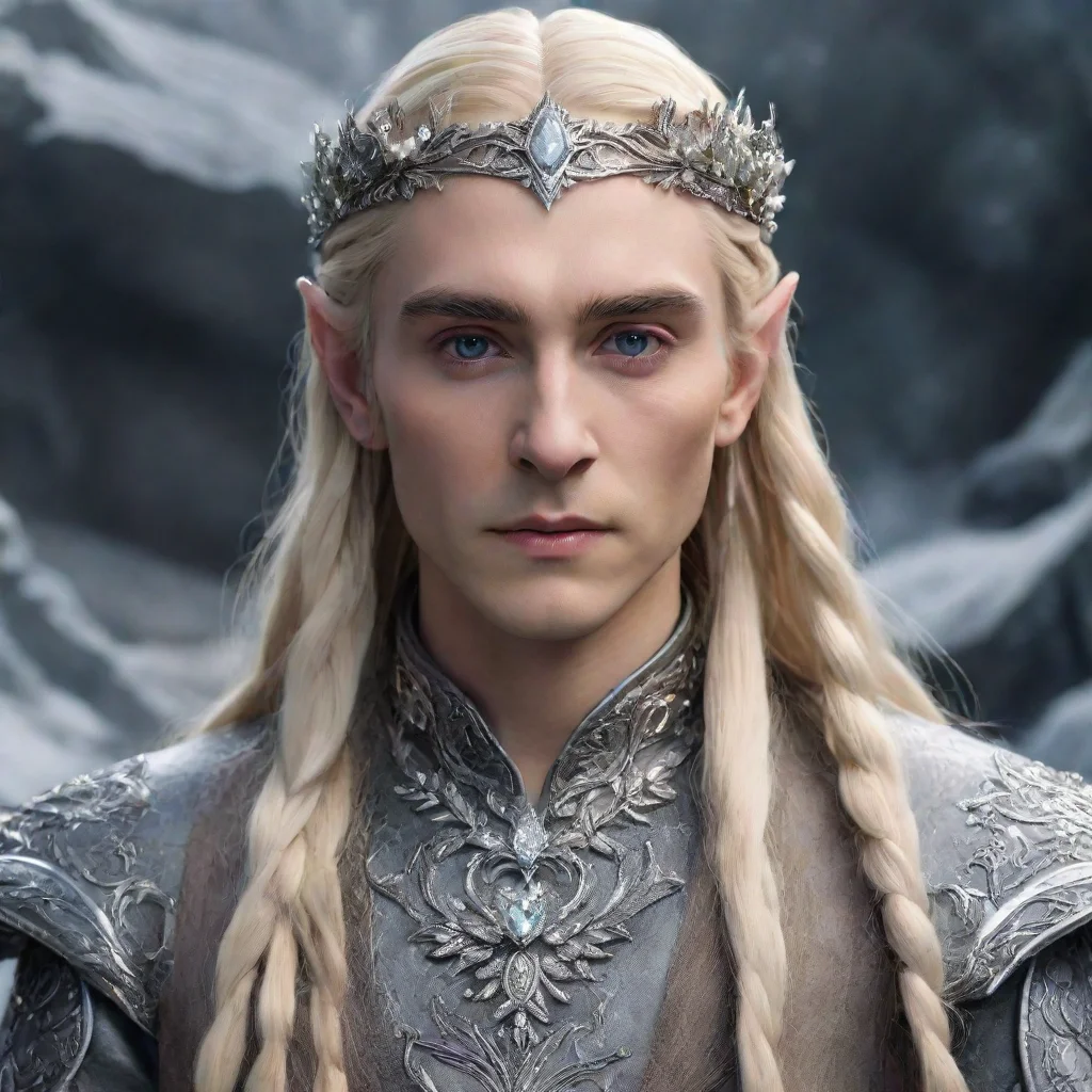 king thranduil with blonde hair and braids wearing silver flowers encrusted with diamonds to form a silver elvish circlet encrusted with diamonds with large center diamond 