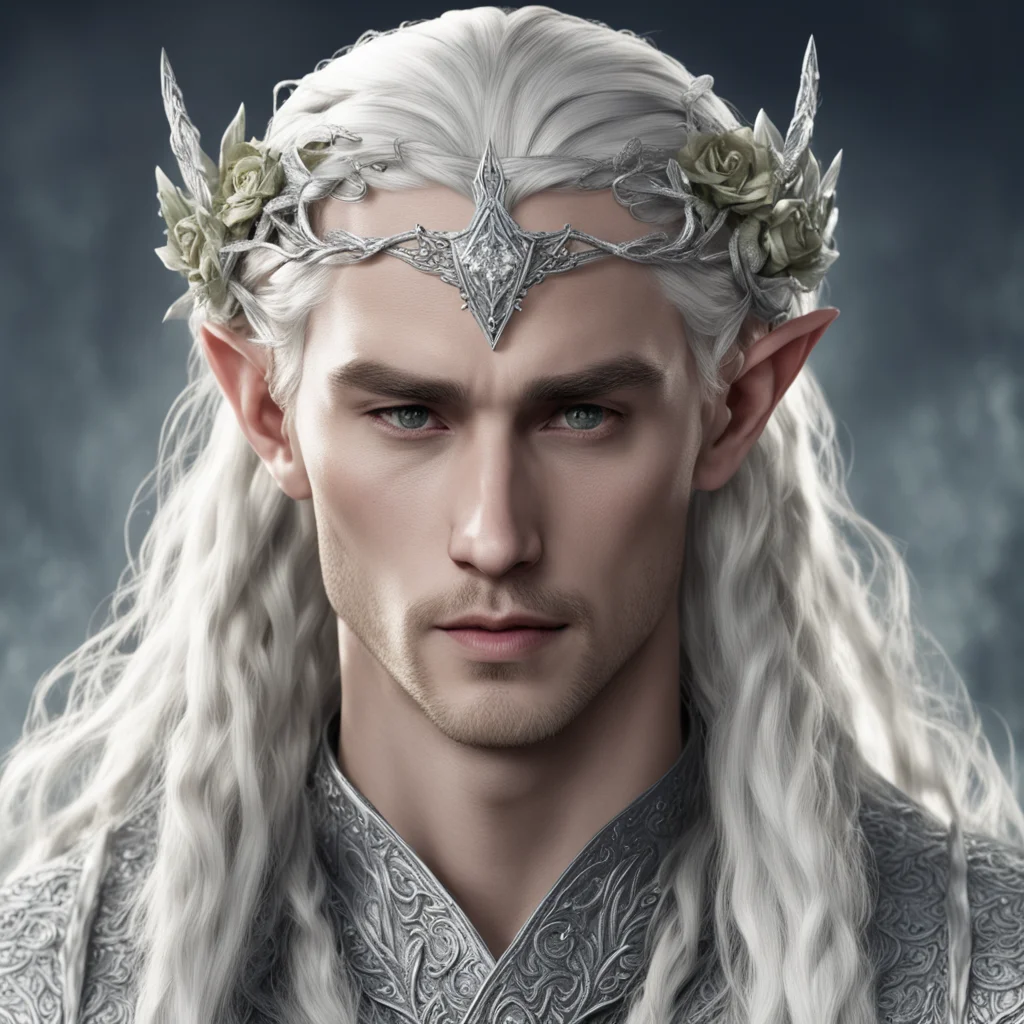 king thranduil with blonde hair and braids wearing silver roses encrusted with diamonds forming a silver serpentine elvish circlet encrusted with diamonds with large center diamond